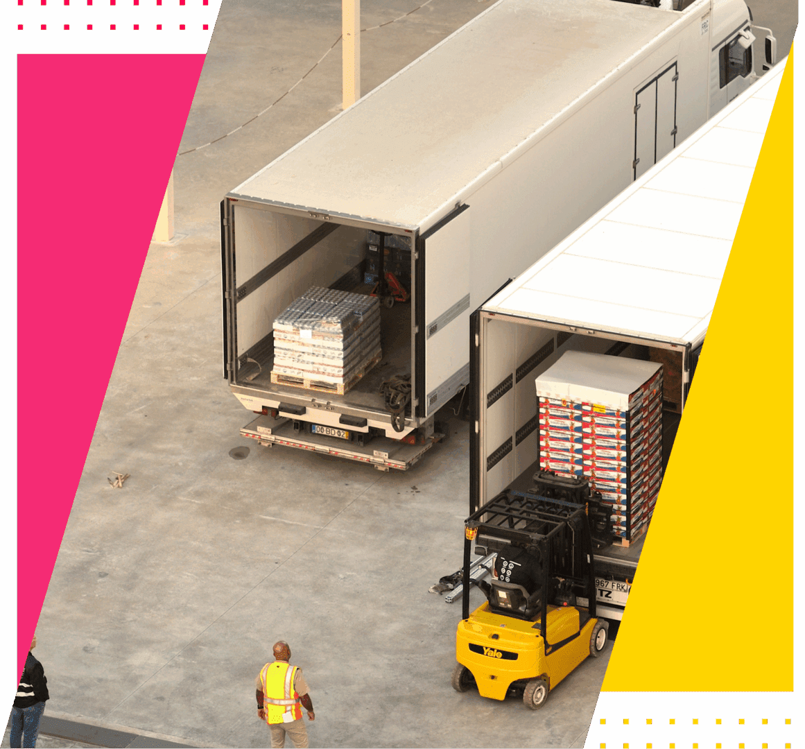 Forklift loading pallets into delivery trucks.