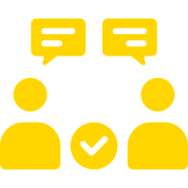 Two figures communicating with speech bubbles.