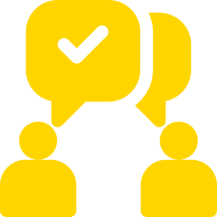 Two figures with speech bubbles, check mark.